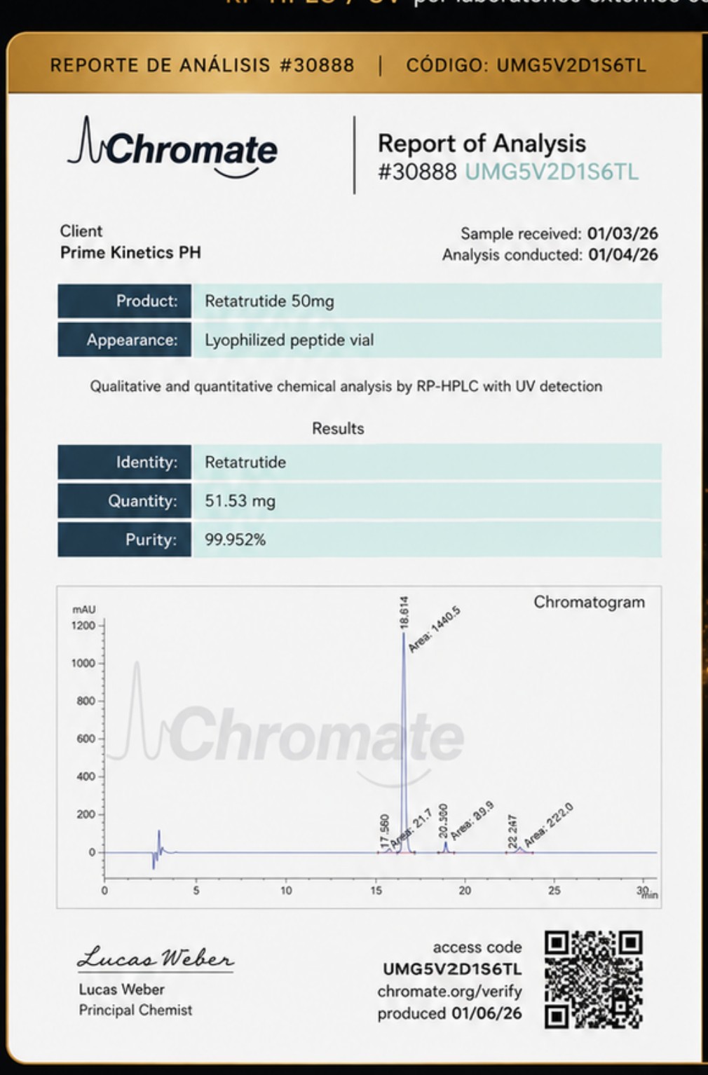 Reporte de análisis Chromate #30888 — Retatrutide 99.952% de pureza